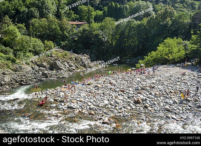 Bathing area at the church of Sankt Anna on the Cannobino river in Valle Cannobina near Cannobio. Cannobio is a town in the Piedmont region in northern Italy...