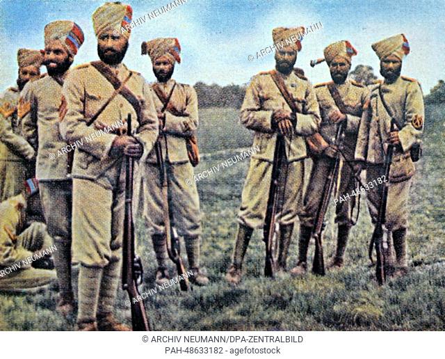 A contemporary German colorized propaganda photo shows British Indian Army soldiers in operations mainly on the Mesopotamian and Palestinian front as well as...
