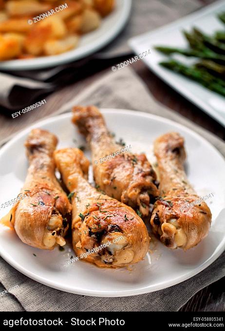 Roast chicken on a plate. High quality photo