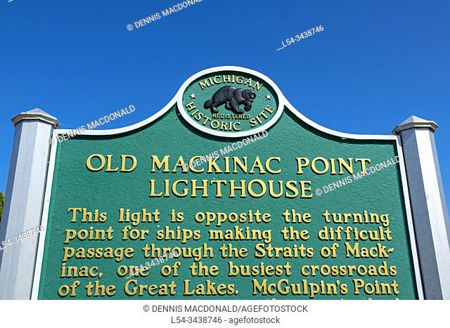 Old Mackinac Mackinaw Point Lighthouse in Mackinaw City Michigan on Lake Huron and Michigan