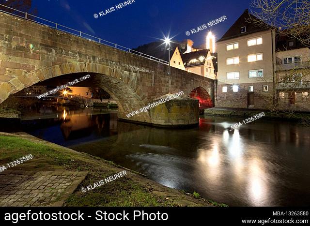 Saale bridge, Franconian Saale, Scherenburg ruin, illuminated, blue hour, Gemünden am Main, Main-Spessart, Franconia, Bavaria, Germany, Europe