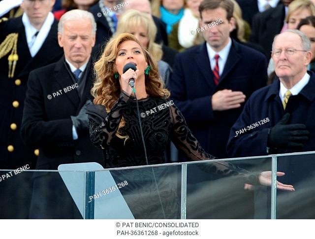 Beyonce sings the National Anthem after President Barack Obama was sworn-in for a second term as the President of the United States by Supreme Court Chief...