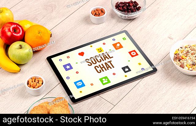 Healthy Tablet Pc compostion with SOCIAL CHAT inscription, Social networking concept