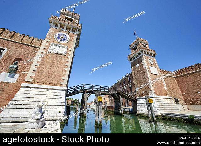 The entrance of the Venetian Arsenale, a state-owned complex of former shipyards and armories. Campo De l'Arsenal. Venezia. Veneto. Italy