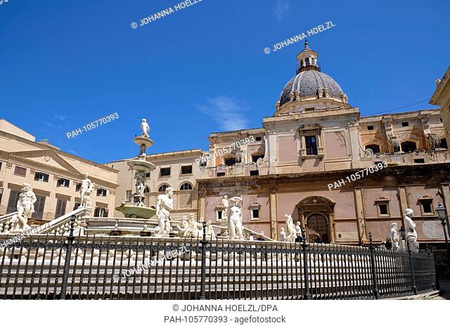The Piazza Pretoria with Fountain in Palermo - Sicily - built between 1554 - 1555 by Francesco Cammilliani - also known as square of Shame