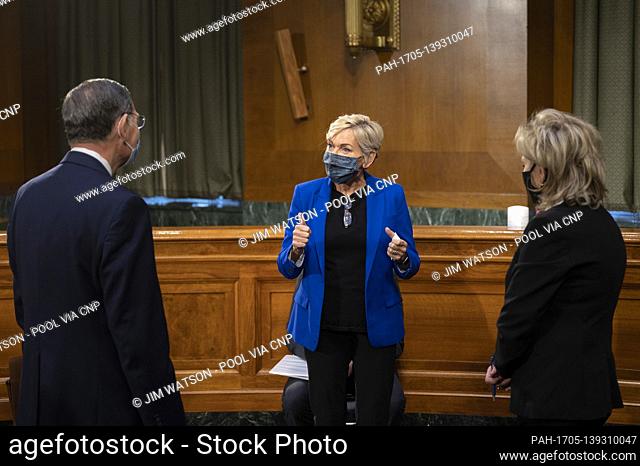 Jennifer Mulhern Granholm of Michigan, greets United States Senator Cindy Hyde-Smith (Republican of Mississippi), and US Senator John Barrasso (Republican of...