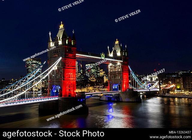 England, London, Tower Bridge and The City of London Skyline at Night