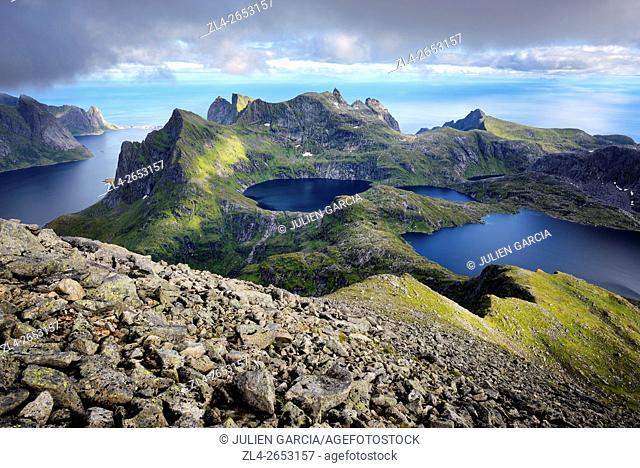 Norway, Nordland, Lofoten islands, Moskenesoy island, hiking to the summit of Hermannsdalstinden (the highest mountain on the island at 1029m)