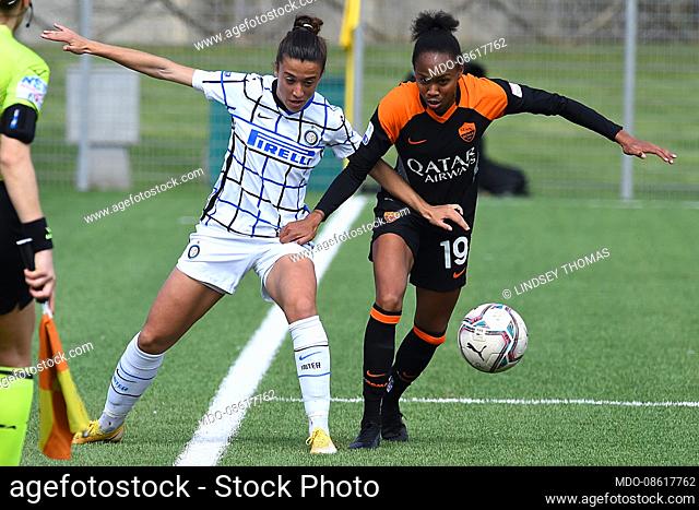 The Roma player Lindsey Thomas and the Inter player Martina Brustia during the match Roma-Inter at campo Agostino Di Bartolomei in the Trigoria