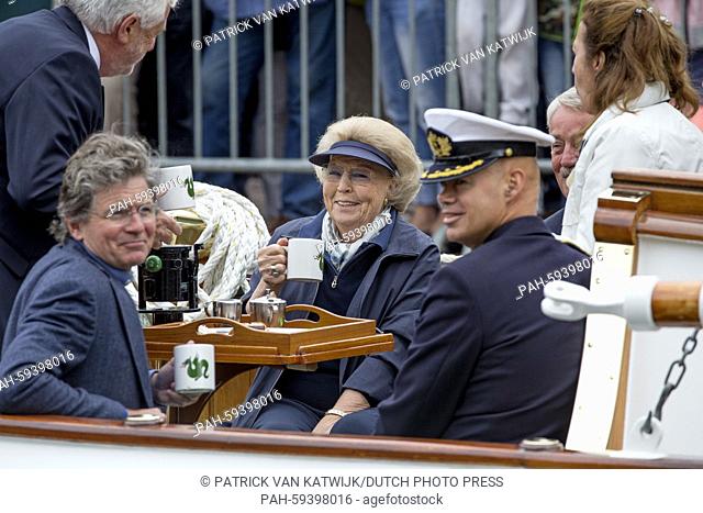 Princess Beatrix of The Netherlands sails on her ship De Groene Draeck during the fleet review of the jubilee foundation Stamboek Ronde & Platbodemjachten in...