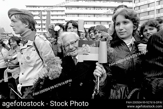 30 May 1980, Saxony, Karl-Marx-Stadt: FDJ security guard at a demonstration. The ""V. Festival of Friendship"" of the youth of the GDR and the USSR takes place...