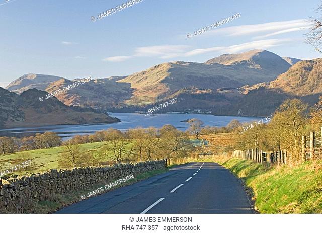 The road to the lake, Lake Ullswater, Birks, and St. Sunday Crag, 840 ft., Lake District National Park, Cumbria, England, United Kingdom, Europe