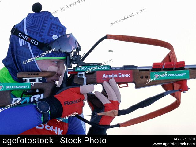 RUSSIA, UFA - DECEMBER 15, 2023: Pavel Belko of Belarus competes in the men's sprint in Stage 2 of the 2023/2024 Commonwealth Biathlon Cup at Biatlon sports...