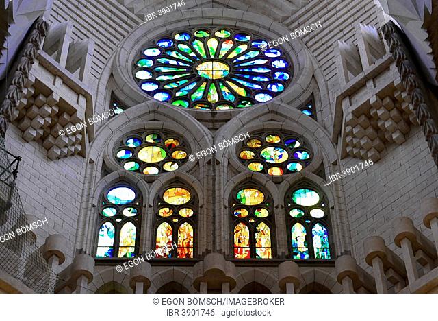 Stained-glass windows, interior view, Sagrada Família church, designed by architect Antoni Gaudí, UNESCO World Heritage Site, Barcelona, ??Catalonia, Spain
