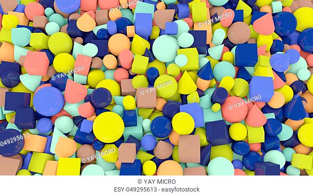 A jolly 3d illustration of casual shape background from numerous and multicolored balls, squares, pills, lozenges, pyramids, cubes