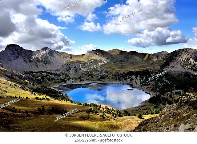 Mountain lake Lac d`Allos, panorama view, Alpes-de-Haute-Provence, French Alps, France