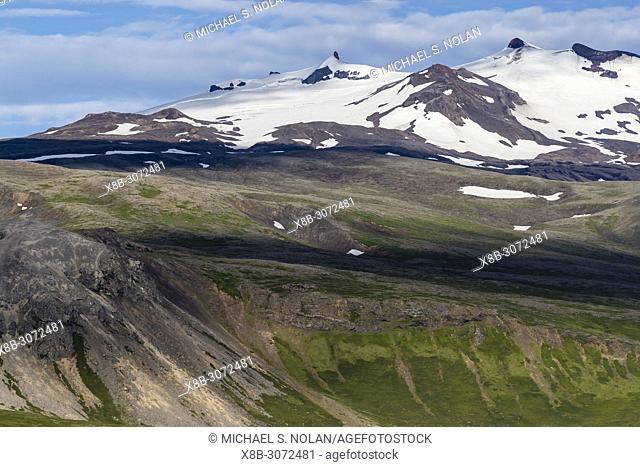 A view of Snæfellsjökull, ""snow-fell glacier"", Snæfellsnes National Park, Snæfellsnes Peninsula, Iceland