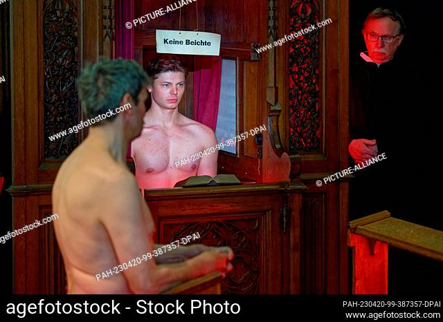 PRODUCTION - 20 April 2023, North Rhine-Westphalia, Cologne: Naked men and a man in a black gown act in an art action. In the staging of the Bonn artist Dennis...