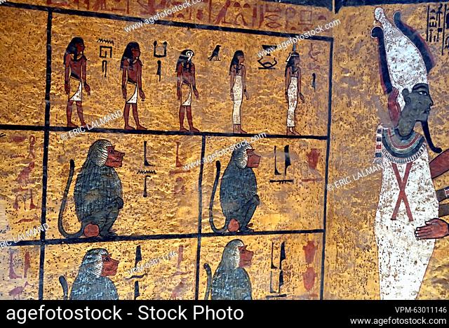 Illustration picture shows details of the wall decorations during a visit to the Tomb of Tutankhamon, on the second day of a royal visit to Egypt