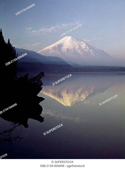 Reflection of a mountain peak in a lake, Mt St. Helens, Spirit Lake, Washington State, USA