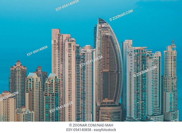 skyscraper buildings, downtown city aerial of Panama City