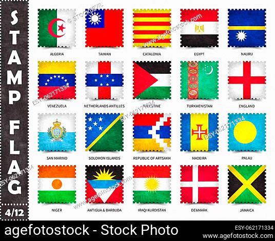 Stamp with official country flag pattern and old grunge texture and countries name. Square shape. Vector. Set 4 of 12 on this series ( All national flags of the...