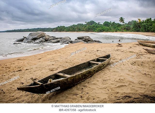 Dugout canoeon the beach, Ebodjé, Southern Region, Cameroon