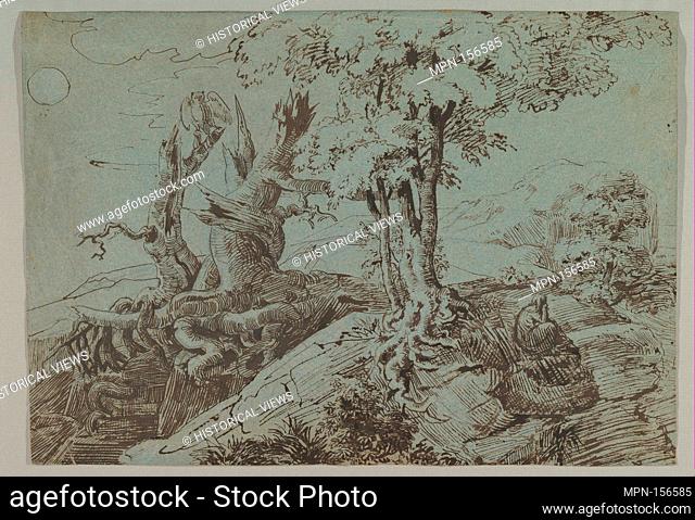 Rugged Moonlit Landscape with a Woman Seated by Gnarled Tree Roots, and an Owl. Artist: Ludwig Emil Grimm (German, Hanau 1790-1863 Kassel); Date: 1833 (?);...