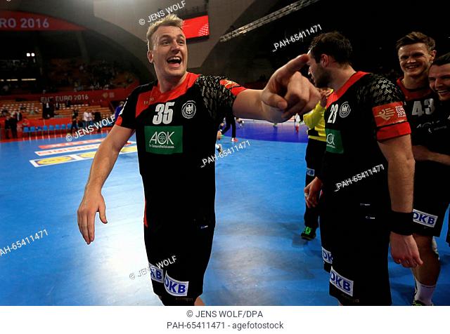 Germany's Julius Kühn celebrates after winning the 2016 Men's European Championship handball group 2 match between Germany and Denmark at the Centennial Hall in...