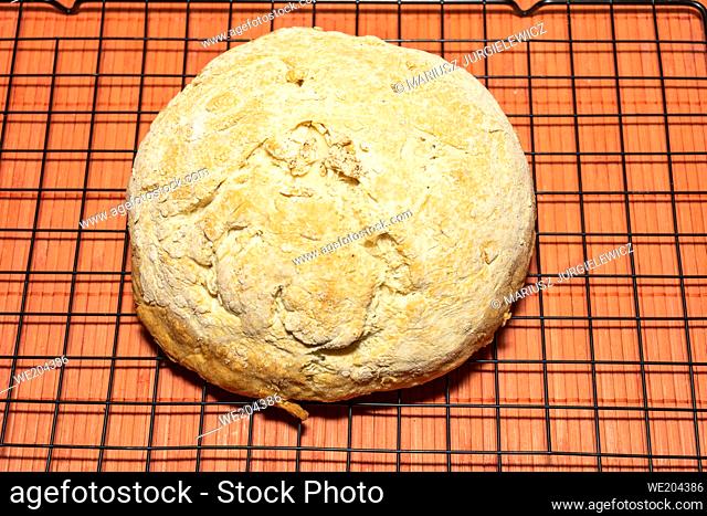 Bannock is a variety of flat quick bread or any large, round article baked or cooked from grain. A bannock is usually cut into sections before serving