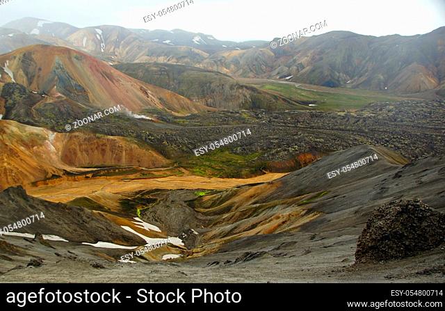 Cold summer morning and colored mountains in Landmannalaugar, hiking and colored mountains