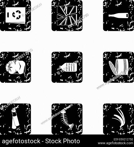 Waste icons set. Grunge illustration of 9 waste vector icons for web