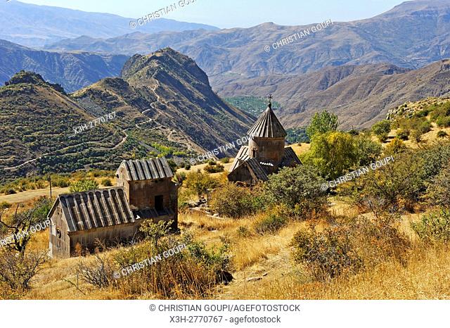 Tsakhats Kar Monastery with the Smbataberd fortress in the background, near Yeghegnadzor, Vayots Dzor province, Armenia, Eurasia