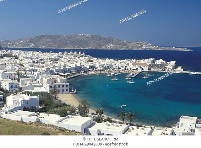 Mykonos, Greek Islands, Cyclades, Greece, Europe, Scenic view of Mykonos Harbor on the Aegean Sea