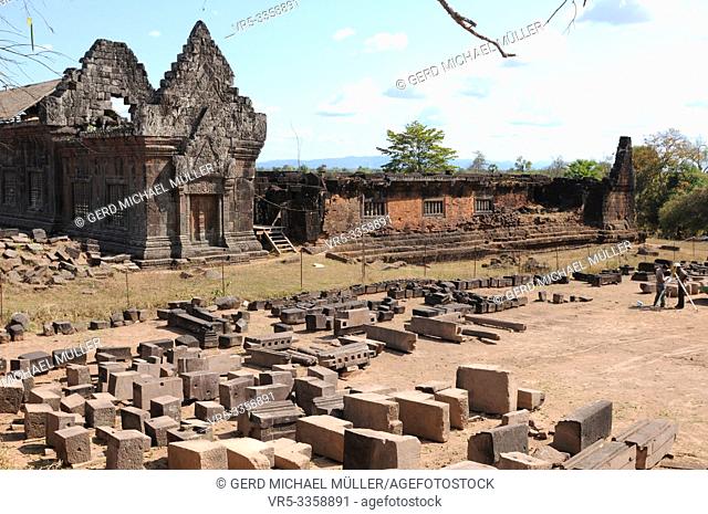 Laos: The historic Khmer temples ruins and ornaments of What Phou at the Mekong River belong to the Unesco World Heritages