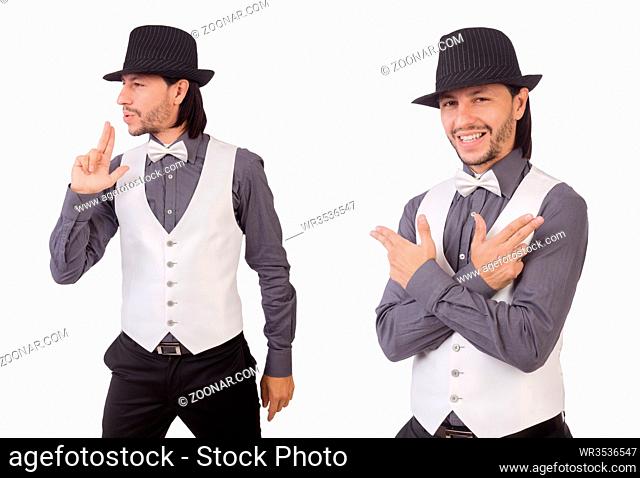 Young man in gray shirt and black hat isolated on white