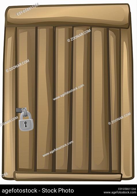 Door wooden locked cartoon color drawing, vector illustration, vertical, over white, isolated