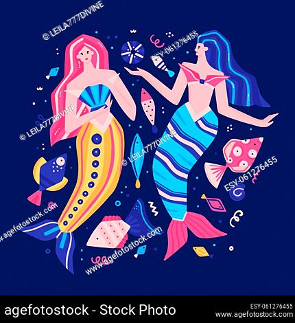 Vector fabulous underwater world. Colorful marine life. Cute hand-drawn mermaids, fish, shells. It can be used for baby clothes, stickers, T-shirts, swimwear