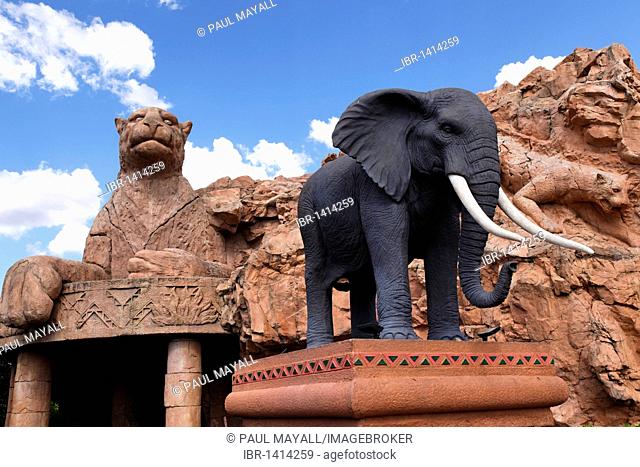 Lion and elephant figures, Lost City, Sun City, Northwest Province, South Africa