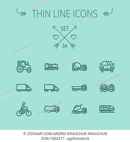 Transportation thin line icon set for web and mobile. Set includes- sports car, trucks, vans, bicycle, towing truck, mixer truck, train, vintage car icons