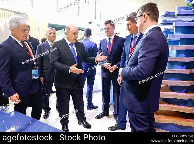 RUSSIA, MINERALNYE VODY - MAY 3, 2023: Russia's Prime Minister Mikhail Mishustin (C) attends the Caucasus Investment Exhibition at the MinvodyExpo Exhibition...