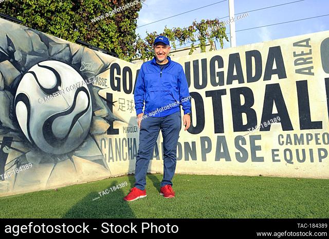 PUEBLA, MEXICO – DECEMBER 19: Ex football player Omar Chacon poses for photos during the press conference Emma en Los Olivos at  Los Olivos Football Club on...