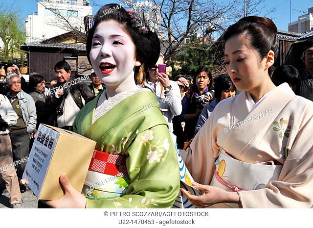 Kyoto (Japan): maiko (apprentice geisha) during the Sakura, along Shinbashi-dori in Gion, collecting money for the 2011 tsunami victims