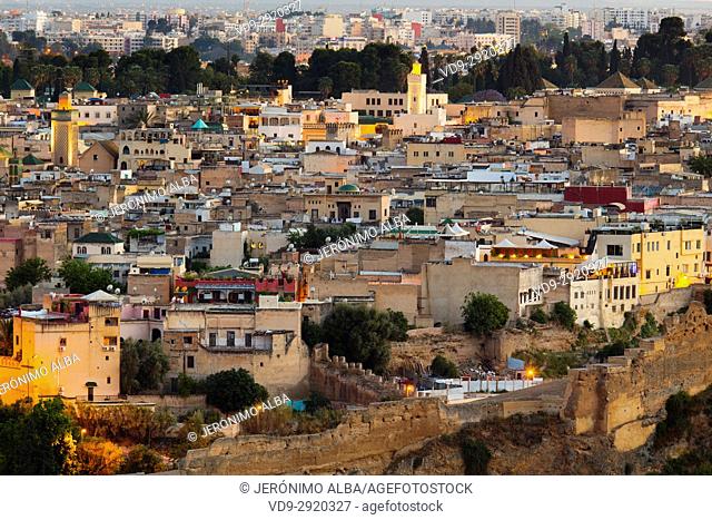 Dusk Landscape, panoramic view, Old city wall, Souk Medina of Fez, Fes el Bali. Morocco, Maghreb North Africa