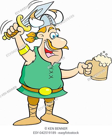 Cartoon illustration of a Viking holding a sword and a mug