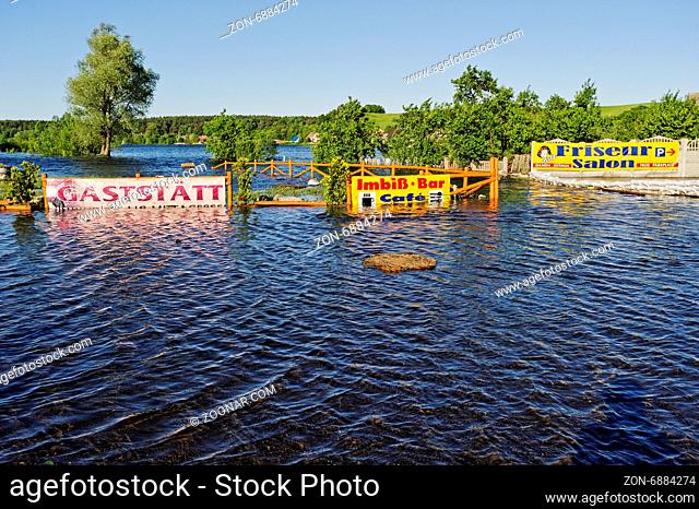 Flooded snack bar on the Oder River, Oder flood in 2010, Krajnik Dolny, Woiwodschaft West Pomerania, Poland