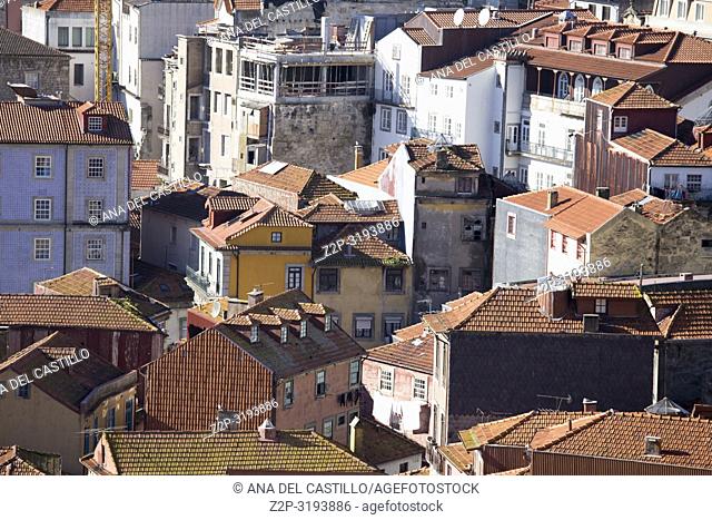 Aerial view of the old town in Oporto from Dom Luis the first bridge, Portugal