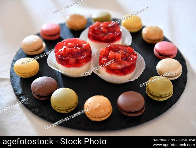 03 February 2020, Thuringia, Gera: Macarons and yoghurt-cream strawberry tartlets are available for the Federal President and his guests at Café Kanitz