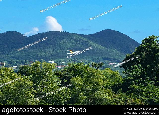 01 November 2021, United Kingdom, Castries: An Embraer EMB-120 Brasilia (VQ-TEG) of InterCaribbean Airways takes off in the morning from the airport of the...