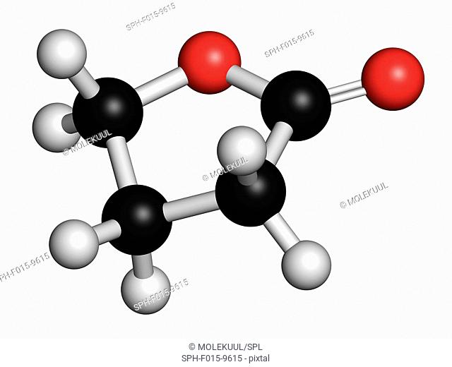 Gamma-butyrolactone (GBL) solvent molecule. Used as prodrug form of GHB (gamma-hydroxybutyric acid). 3D rendering. Atoms are represented as spheres with...